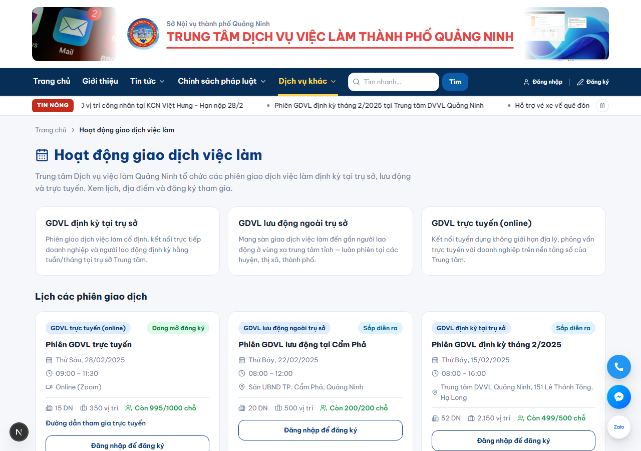 Trang hoạt động giao dịch việc làm với ba hình thức định kỳ, lưu động và trực tuyến