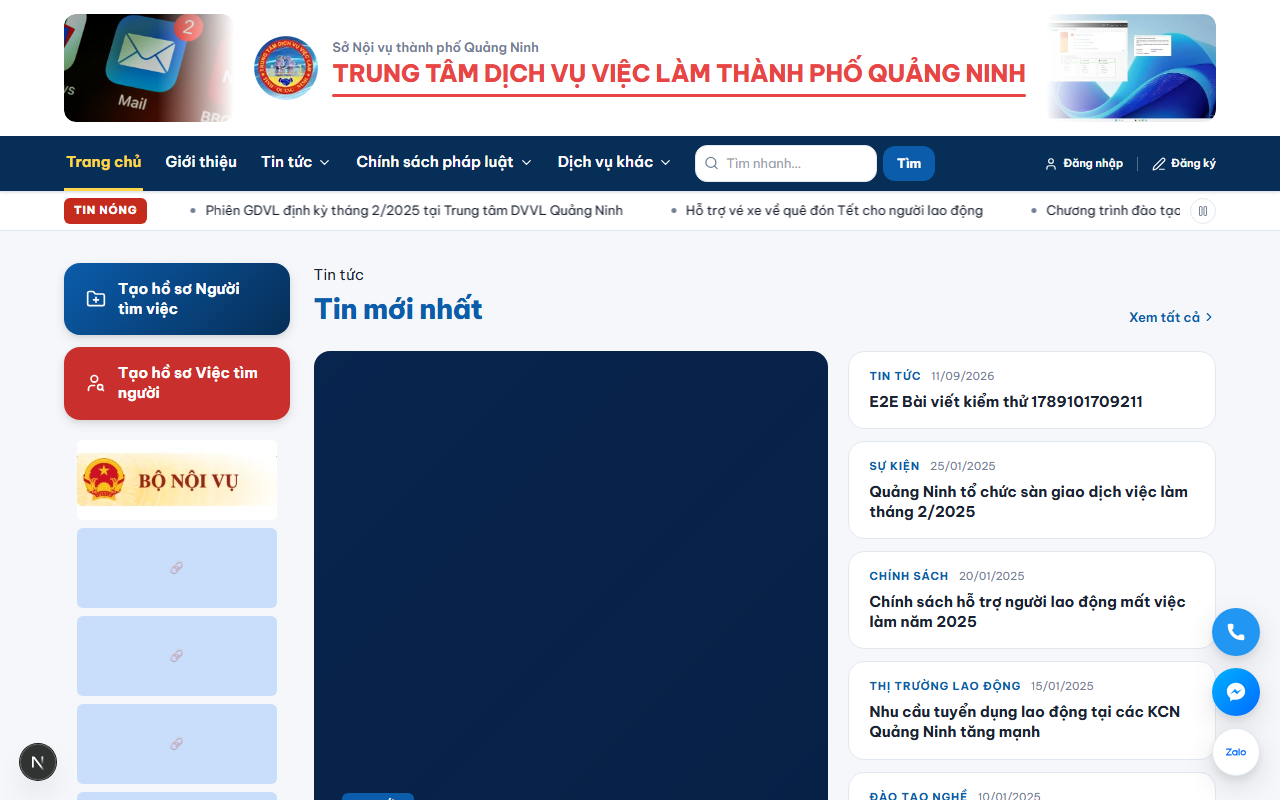 Giao diện trang chủ cổng việc làm thành phố Quảng Ninh do Vietify xây dựng, hiển thị banner tìm kiếm và điều hướng chính