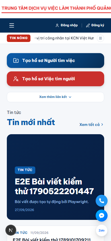 Giao diện di động trang chủ cổng việc làm thành phố Quảng Ninh với menu rút gọn và nút tạo hồ sơ nổi bật