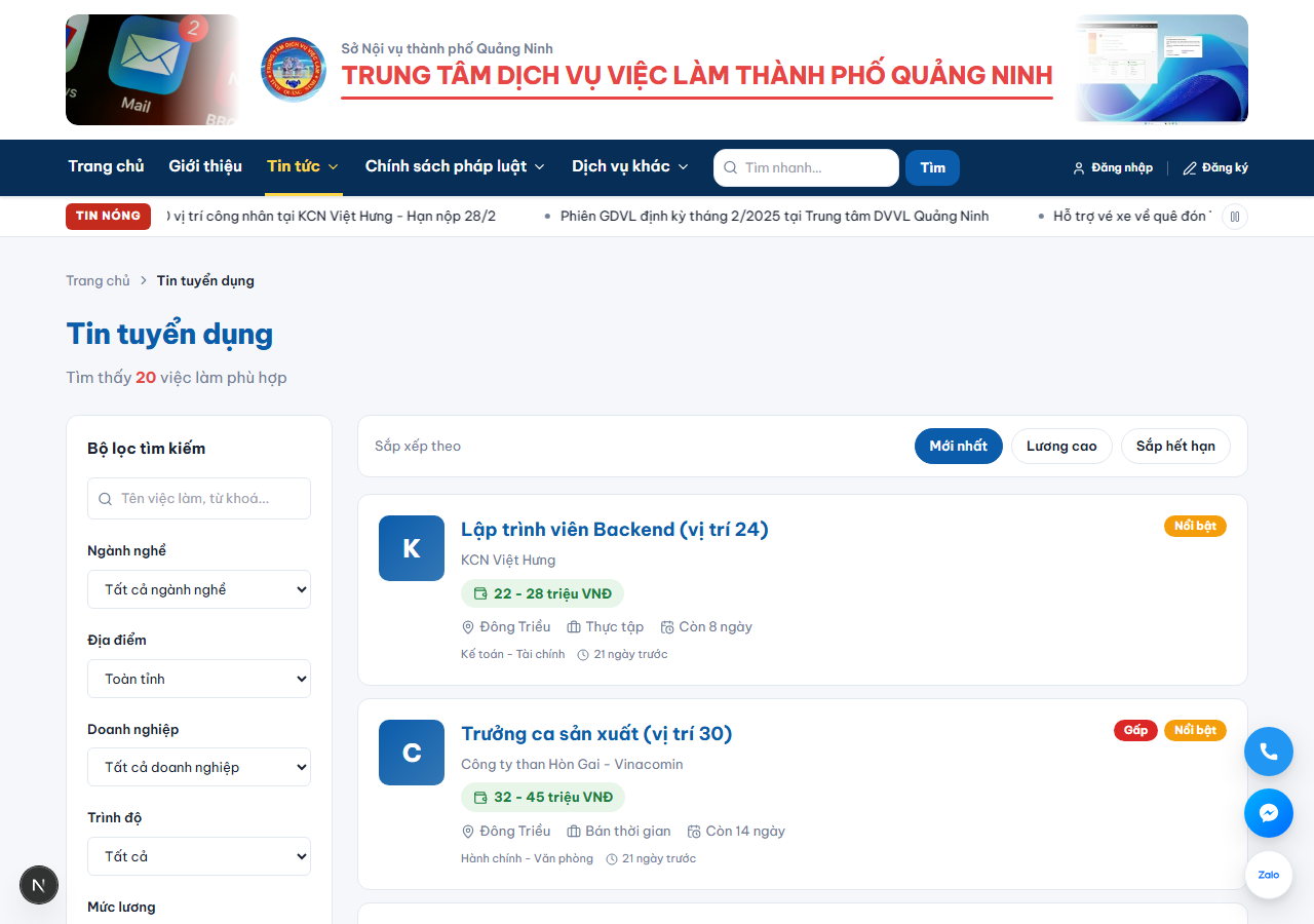 Danh sách tin tuyển dụng trên cổng việc làm thành phố Quảng Ninh với bộ lọc theo ngành nghề và trình độ