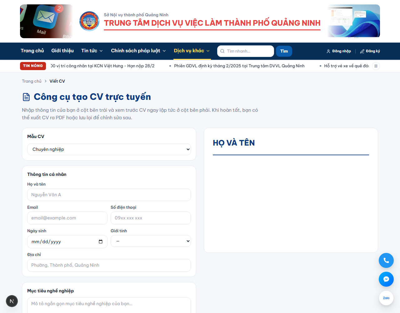 Công cụ tạo CV trực tuyến với xem trước thời gian thực trên cổng việc làm thành phố Quảng Ninh